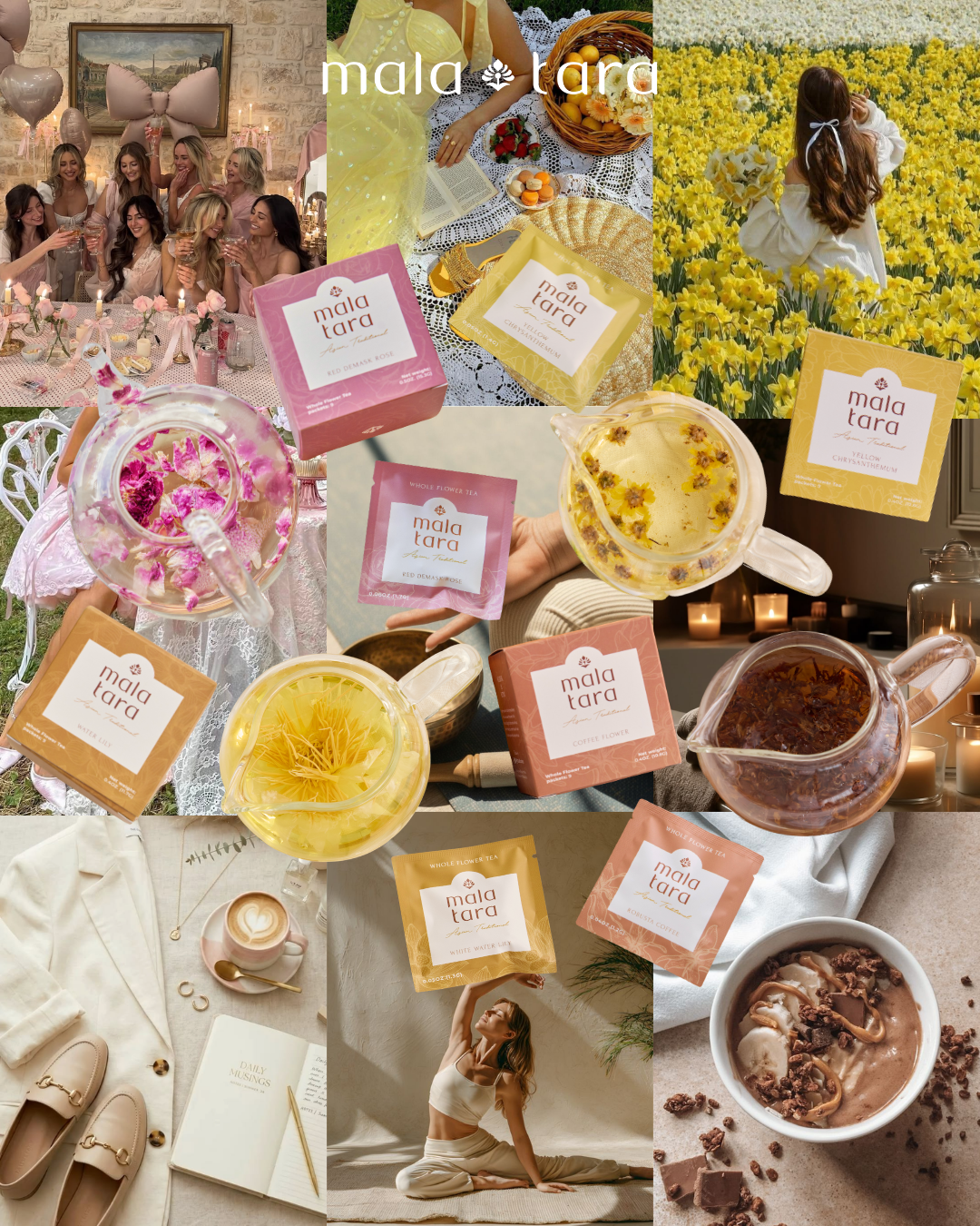 Mala Tara whole flower tea collection collage featuring rose, chrysanthemum, water lily, and coffee flower teas with lifestyle scenes.