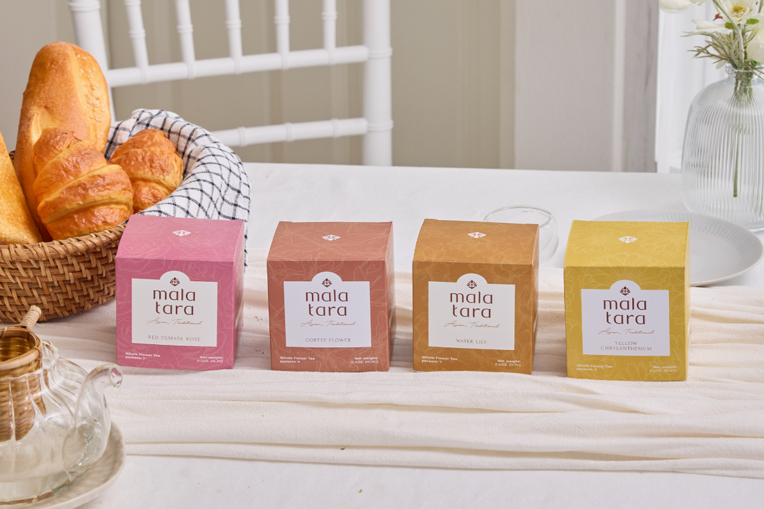 Mala Tara flower teas arranged with croissants and teapot – a relaxing morning tea moment for Mother’s Day