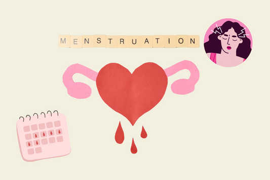 Illustration of menstruation with a heart-shaped uterus, blood droplets, period calendar, and female face showing discomfort.