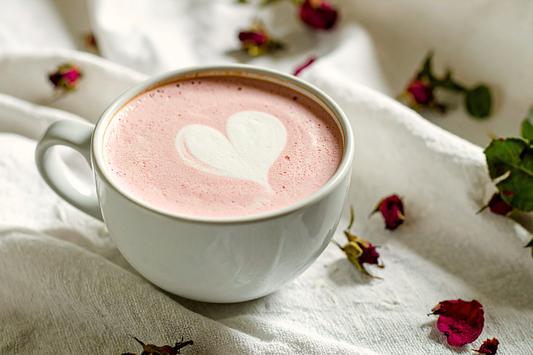 Pink rose latte with heart-shaped foam and rose petals on a white cloth.