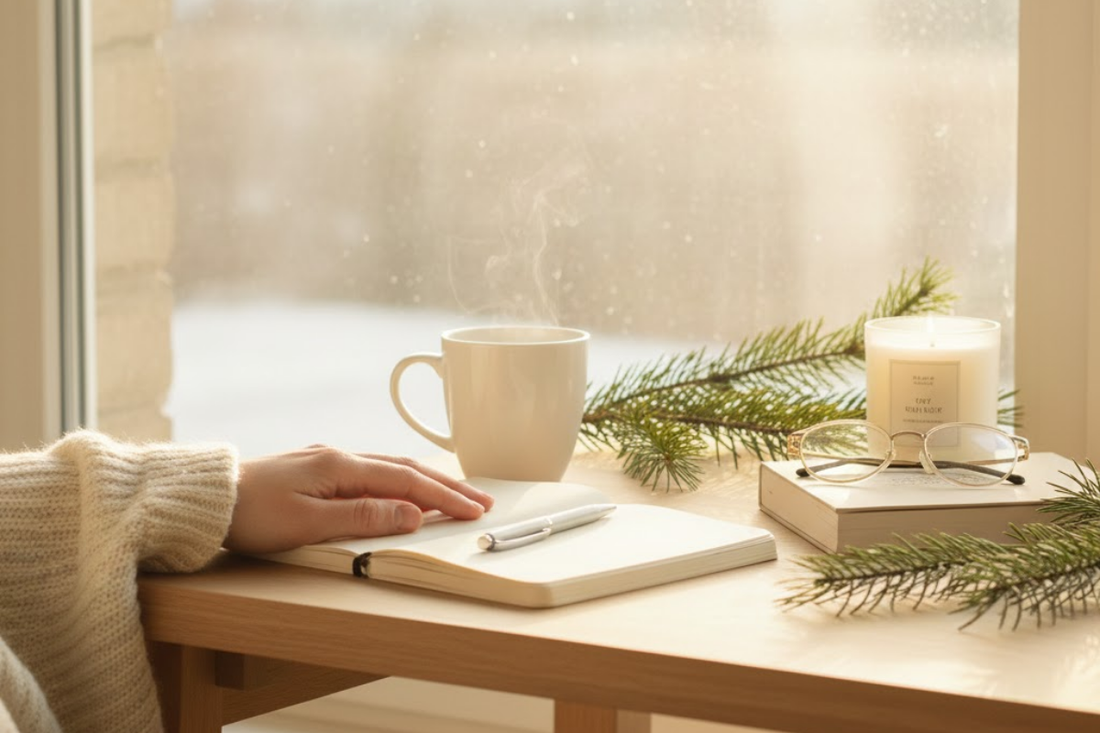 A cozy winter scene with a cup of tea and candle on a wooden table by the window.