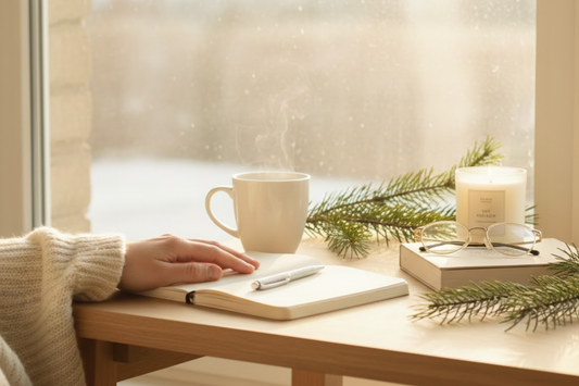 A cozy winter scene with a cup of tea and candle on a wooden table by the window.